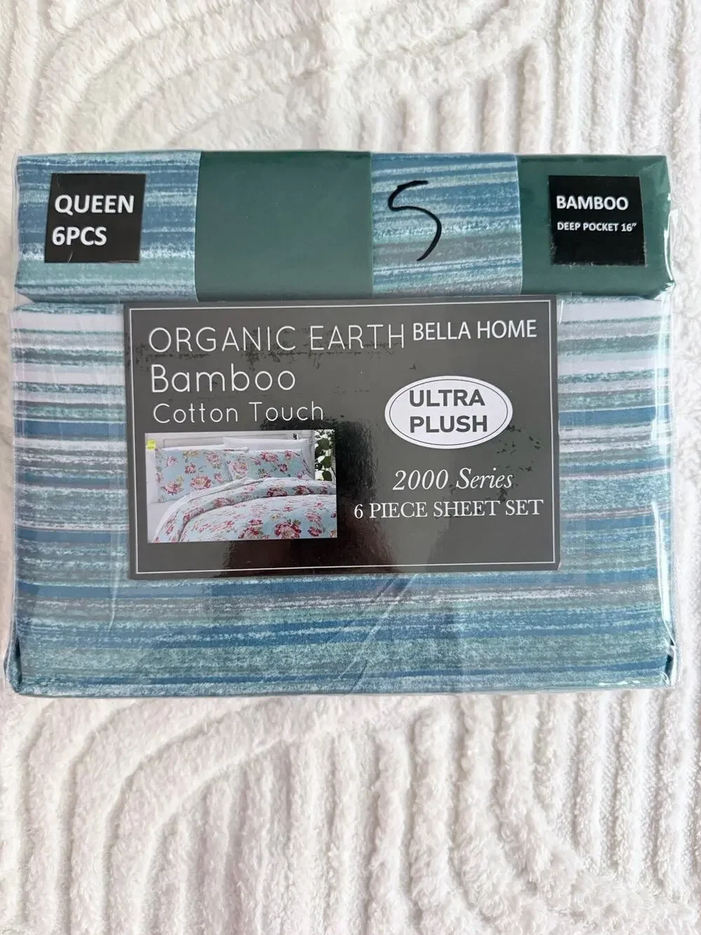 Organic Earth Bella Home 6 Piece Queen Sheet Set striped Multi Color Blues/green